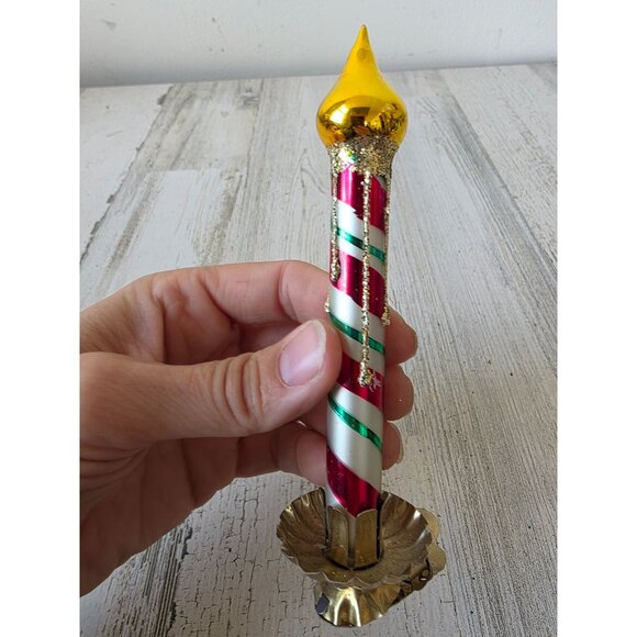 Glass candle clip ornament glitter gold peppermint striped Xmas tree - Picture 4 of 9